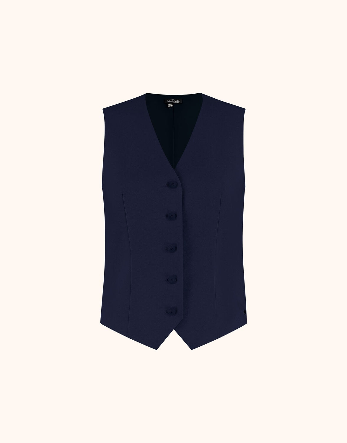 Packshot of the Charlize Midnight Blue waistcoat in crepe satin with a V-neck and five buttons.