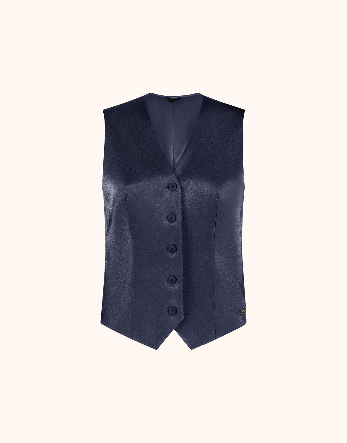 Packshot of the Charlize Midnight Blue Satin waistcoat in crepe satin with a V-neck and buttons.