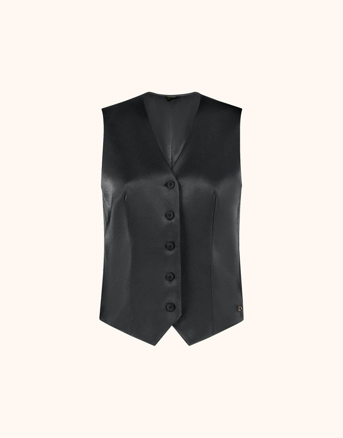 Packshot of the Charlize Black Satin waistcoat in crepe satin with a V-neck and five buttons.