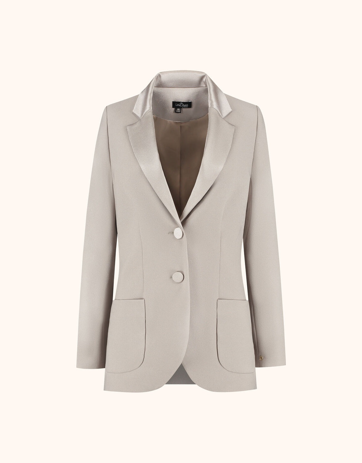 Packshot of the Bianca Pebble blazer in crepe satin with notch lapels and two front buttons.