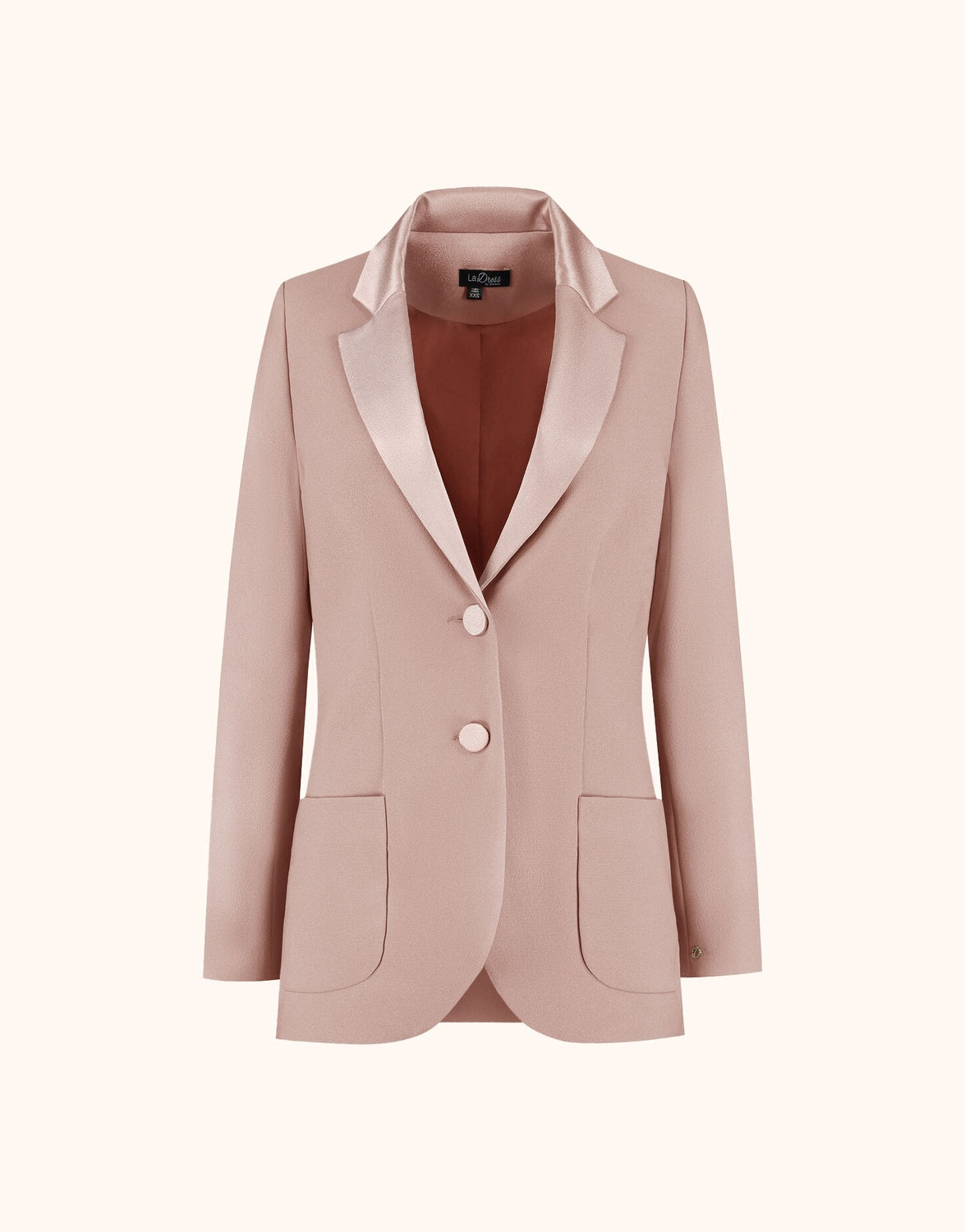 Packshot of the Bianca Soft Blush blazer in crepe satin with satin lapels and two buttons.