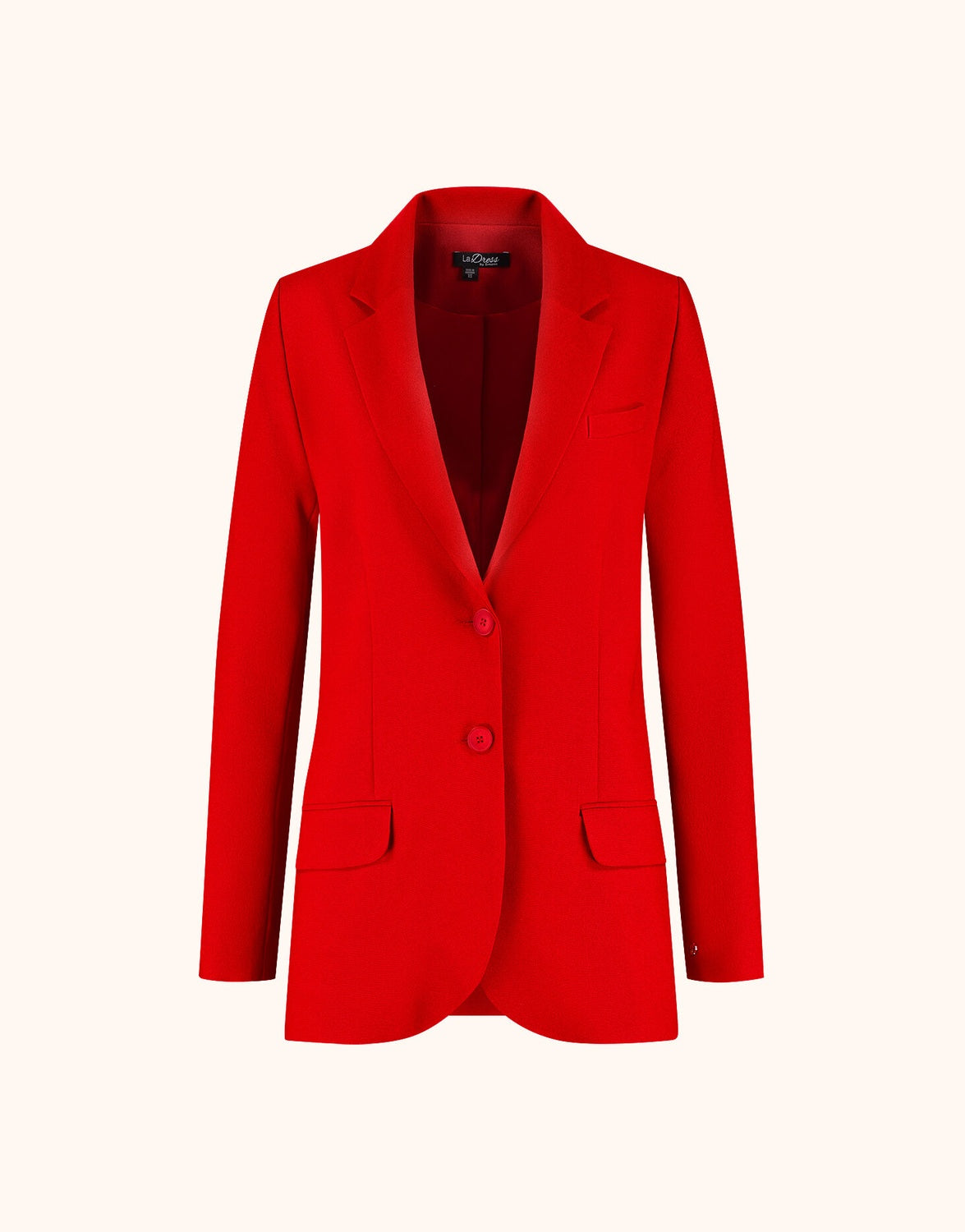 Packshot of the Frances Raspberry Red blazer in crepe satin with notch lapels and a button.