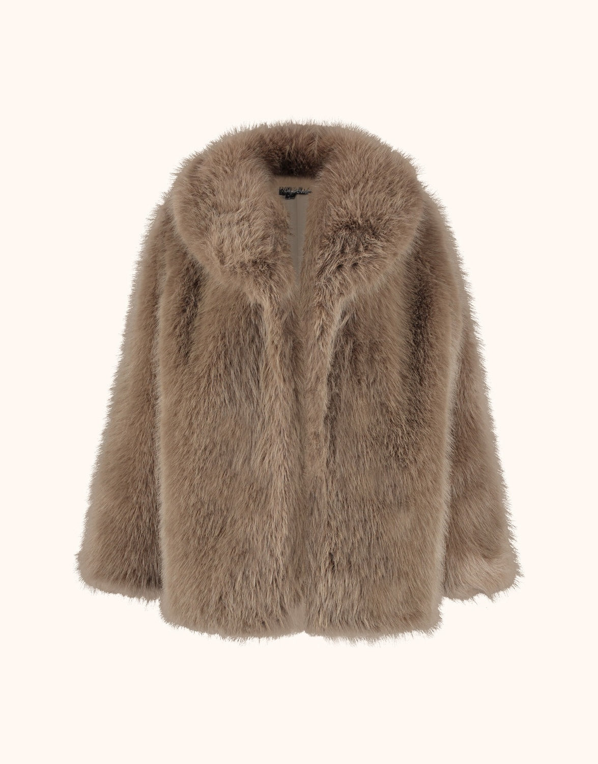 Packshot of the Isolde Dark Taupe coat in faux fur with a wide collar and short length.