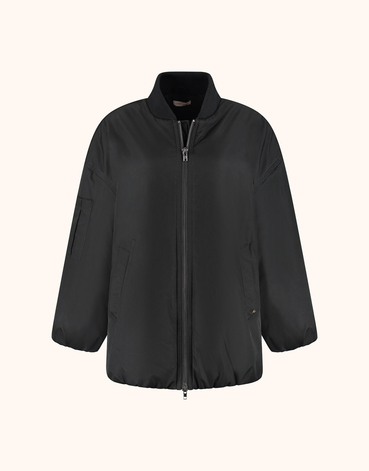 Packshot of the Julie Black jacket in woven with a zip front and stand collar.