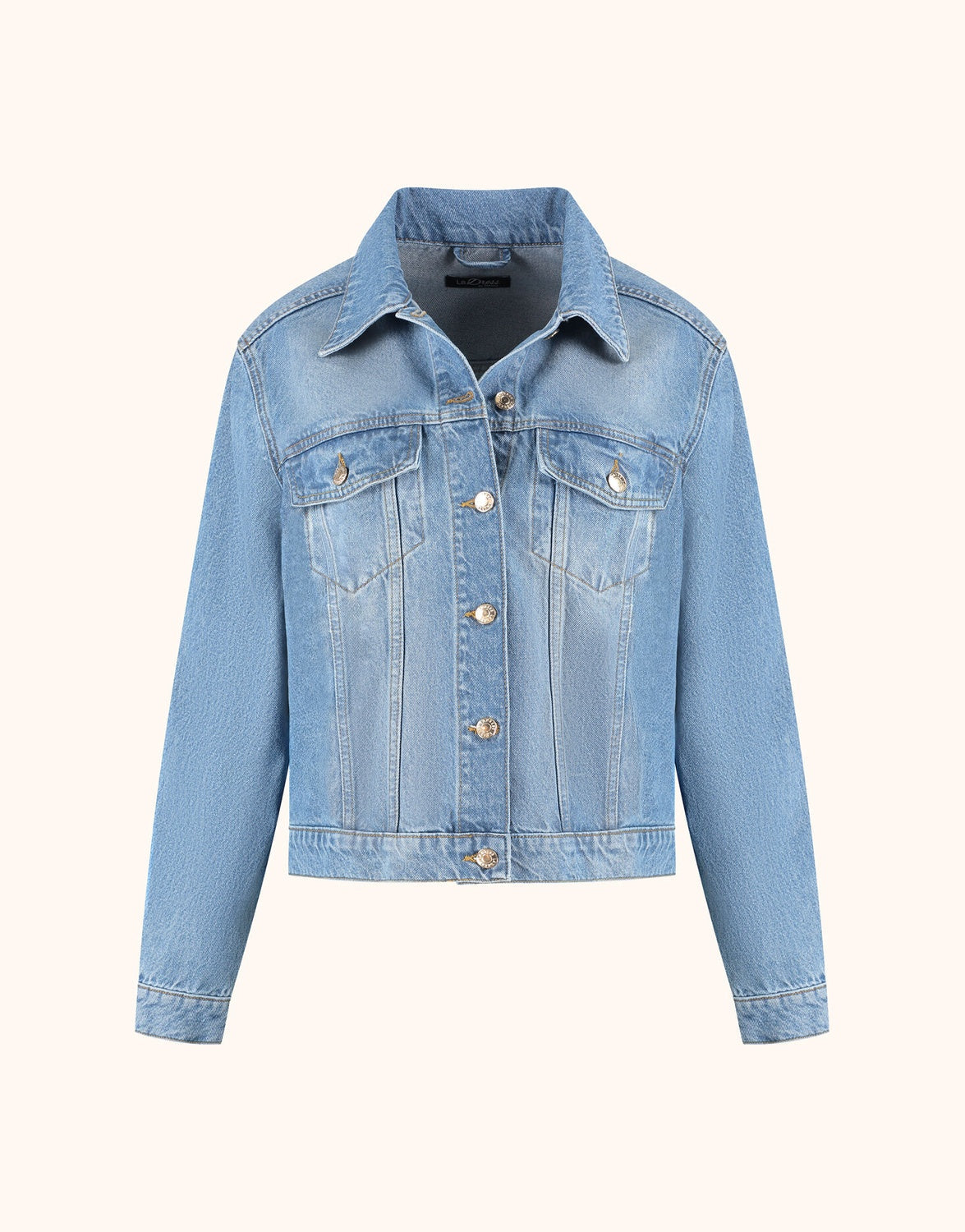 Packshot of the Sky Blue Indigo denim jacket in cotton with a collar and chest pockets.