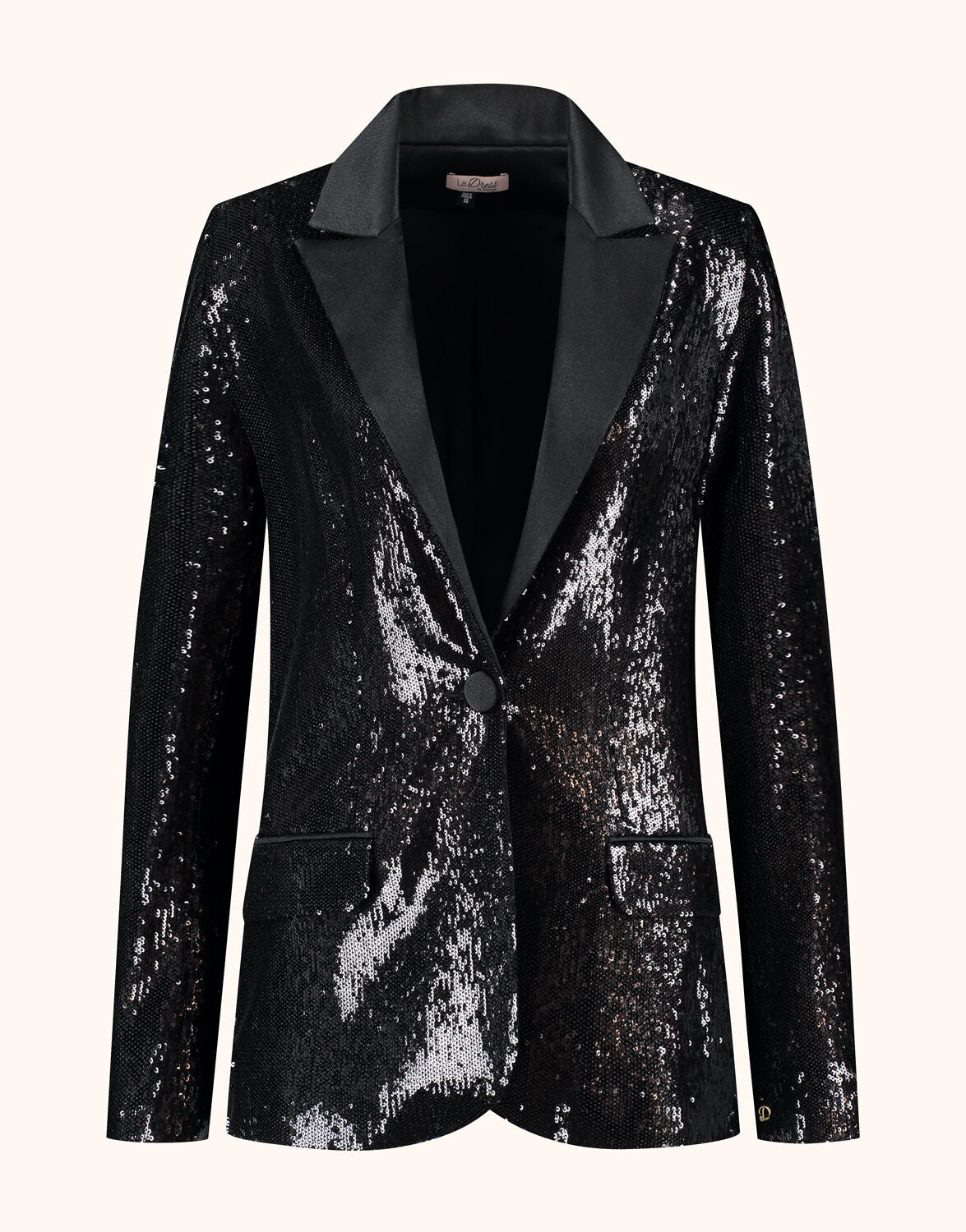 Packshot of the Sylvie Black blazer in sequins with satin lapels and one button.