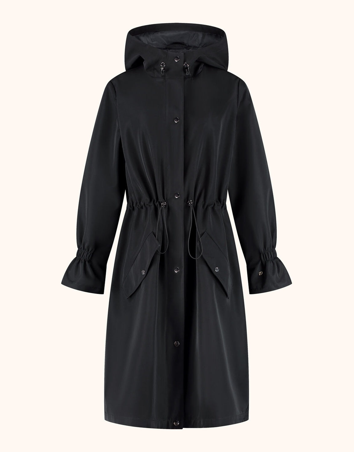 Packshot of the Ursula Black coat in nylon with a hood and drawstring waist.
