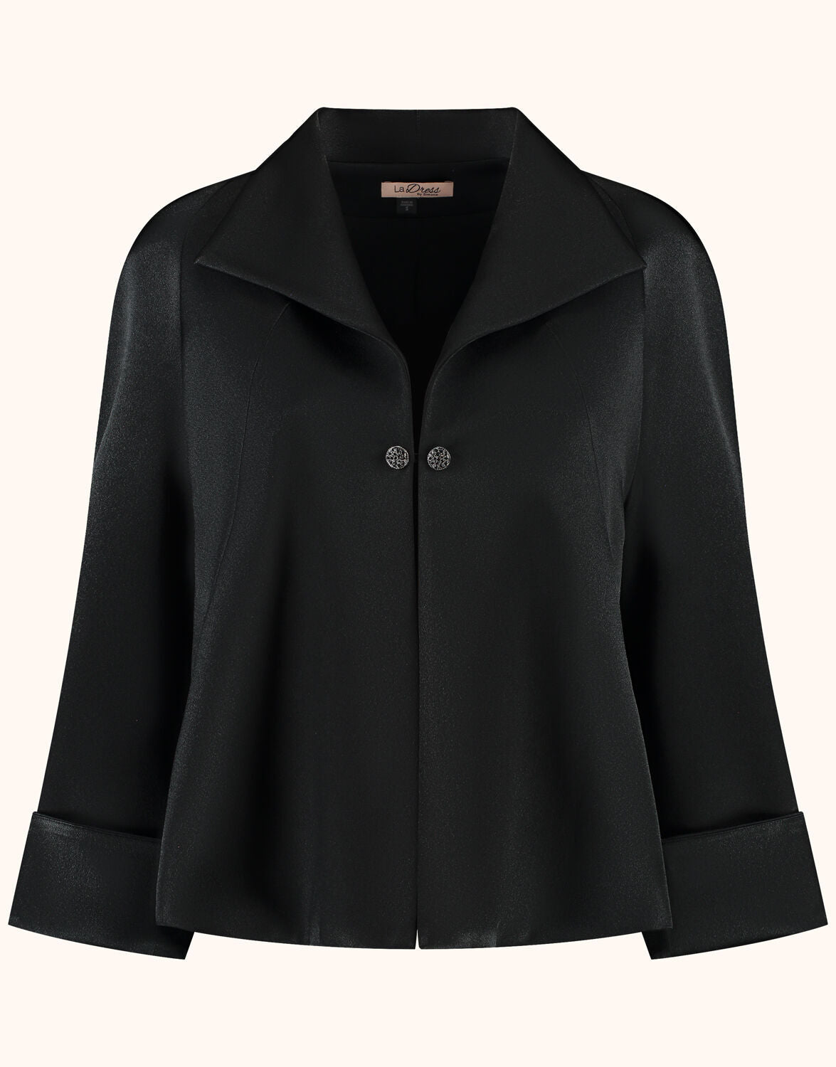Packshot of the Sao Paulo Black Satin jacket in crepe satin with two buttons and cuffs.