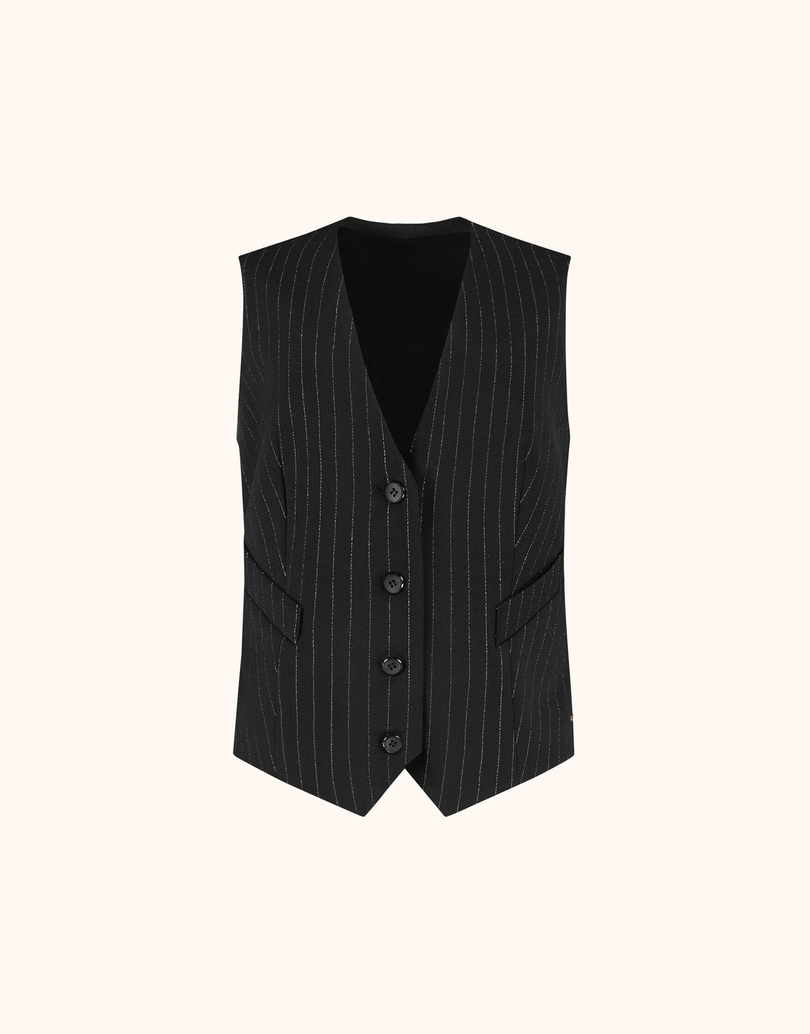 Packshot of the Istanbul Black waistcoat in stretch woven with a V-neck and buttons.