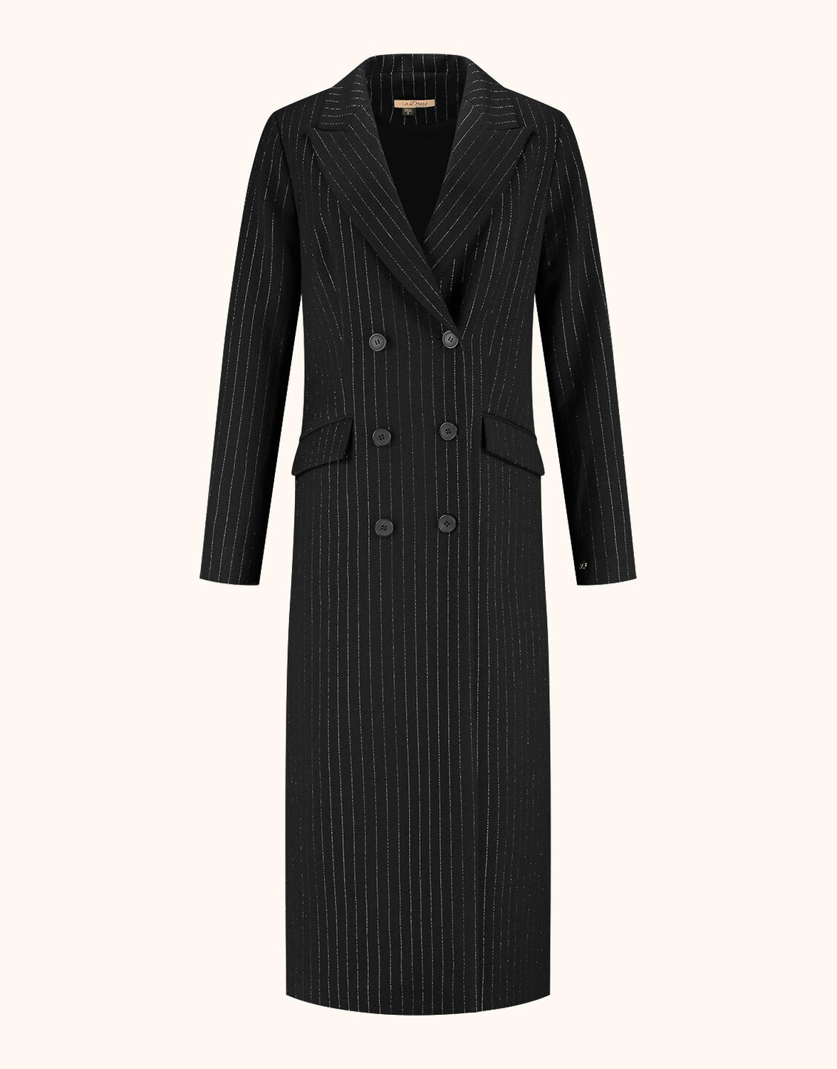 Packshot of the Jakarta Black coat in stretch woven, a long double-breasted style.