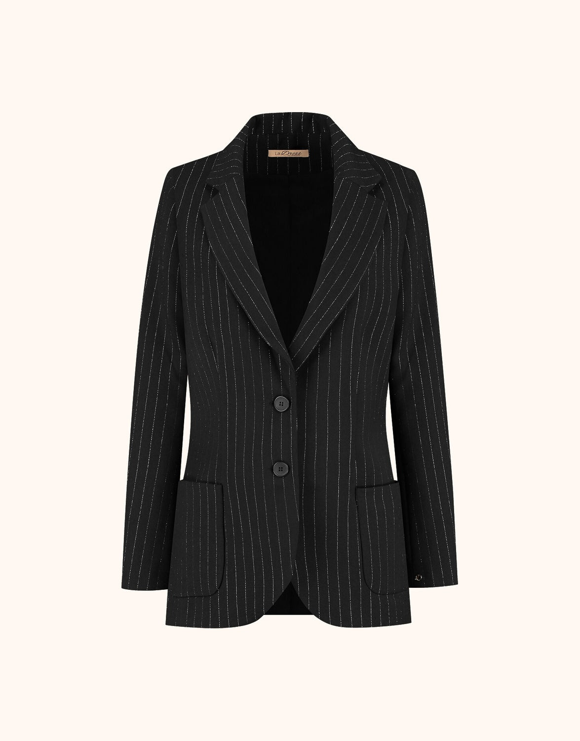 Packshot of the Bombay Black blazer in stretch woven with pinstripes, notch lapels and two buttons.