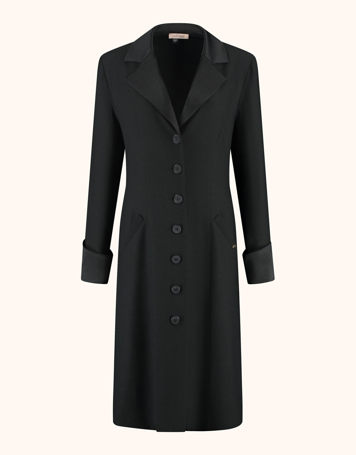 Packshot of the Milan Black dress in crepe satin with a button front and lapel collar.