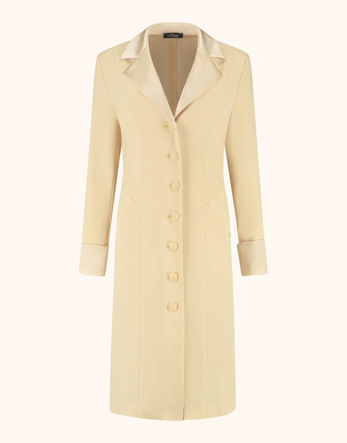 Packshot of the Milan Buttery yellow dress in crepe satin with a button front and lapels.