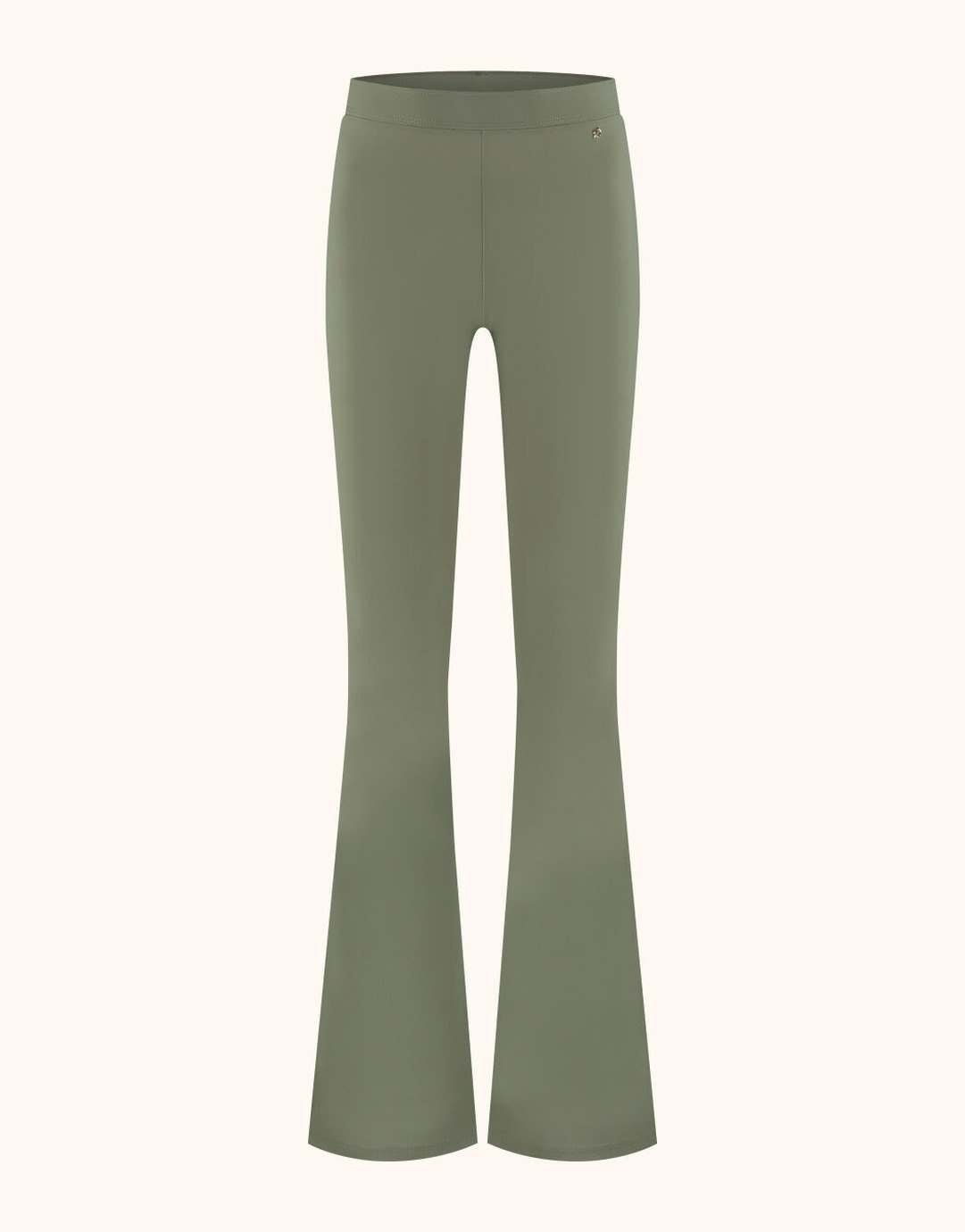 Packshot of the Lima Olive trousers in jersey lycra with a high waist and flared leg.