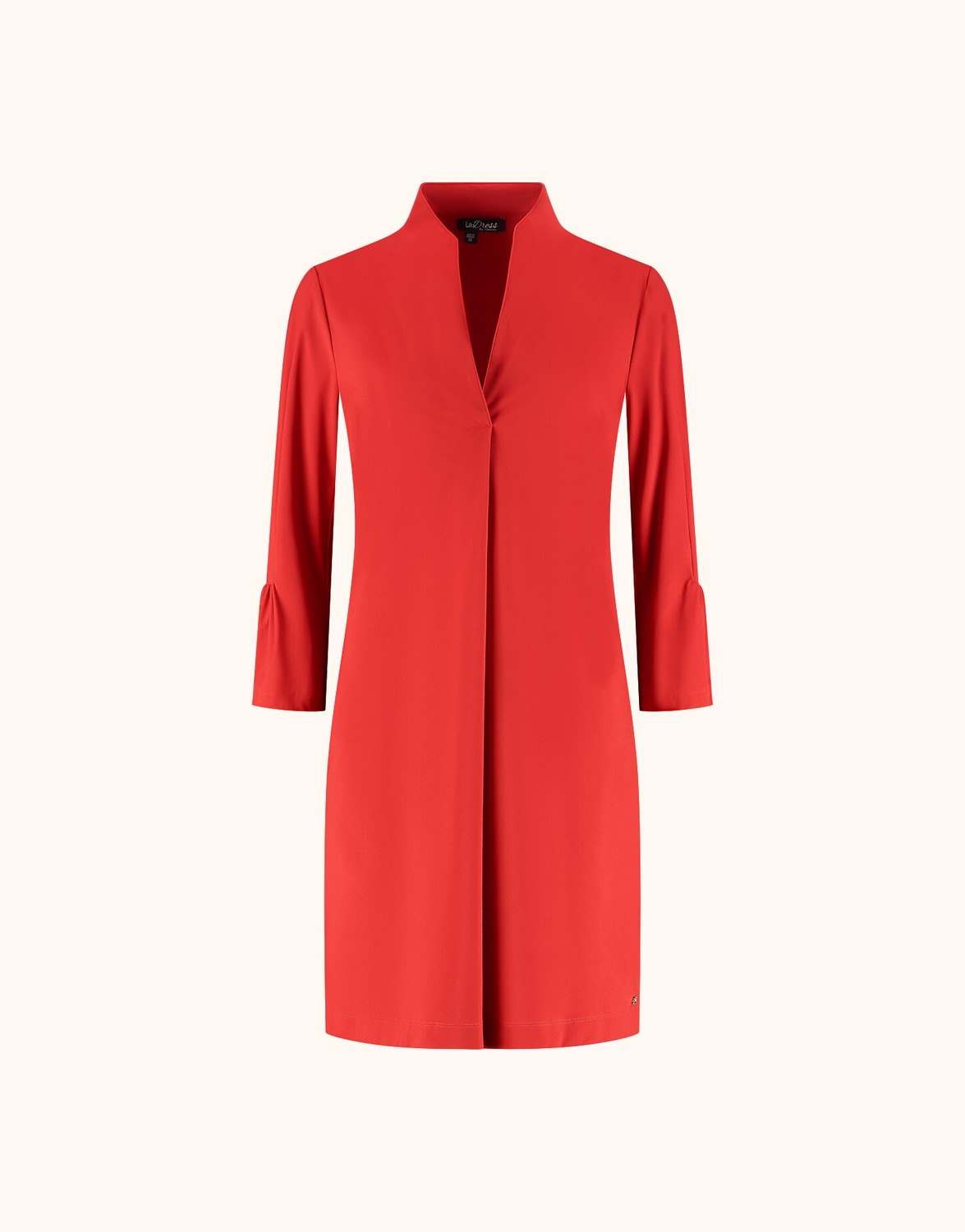 Packshot of the Calista Raspberry Red dress in jersey lycra with a stand collar and flared cuffs.