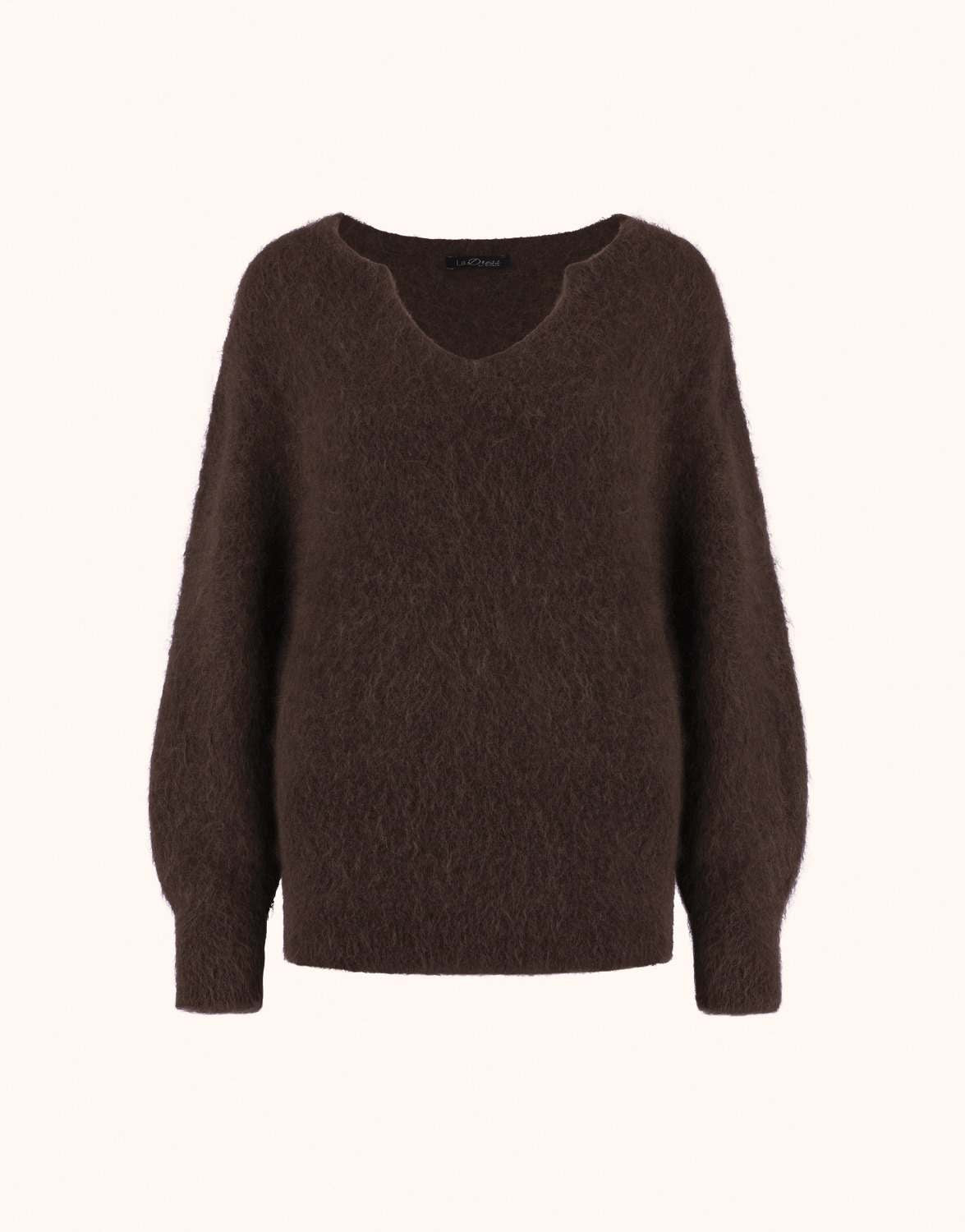Packshot of the Stefania Espresso jumper in alpaca blend with a V-neck and wide sleeves.
