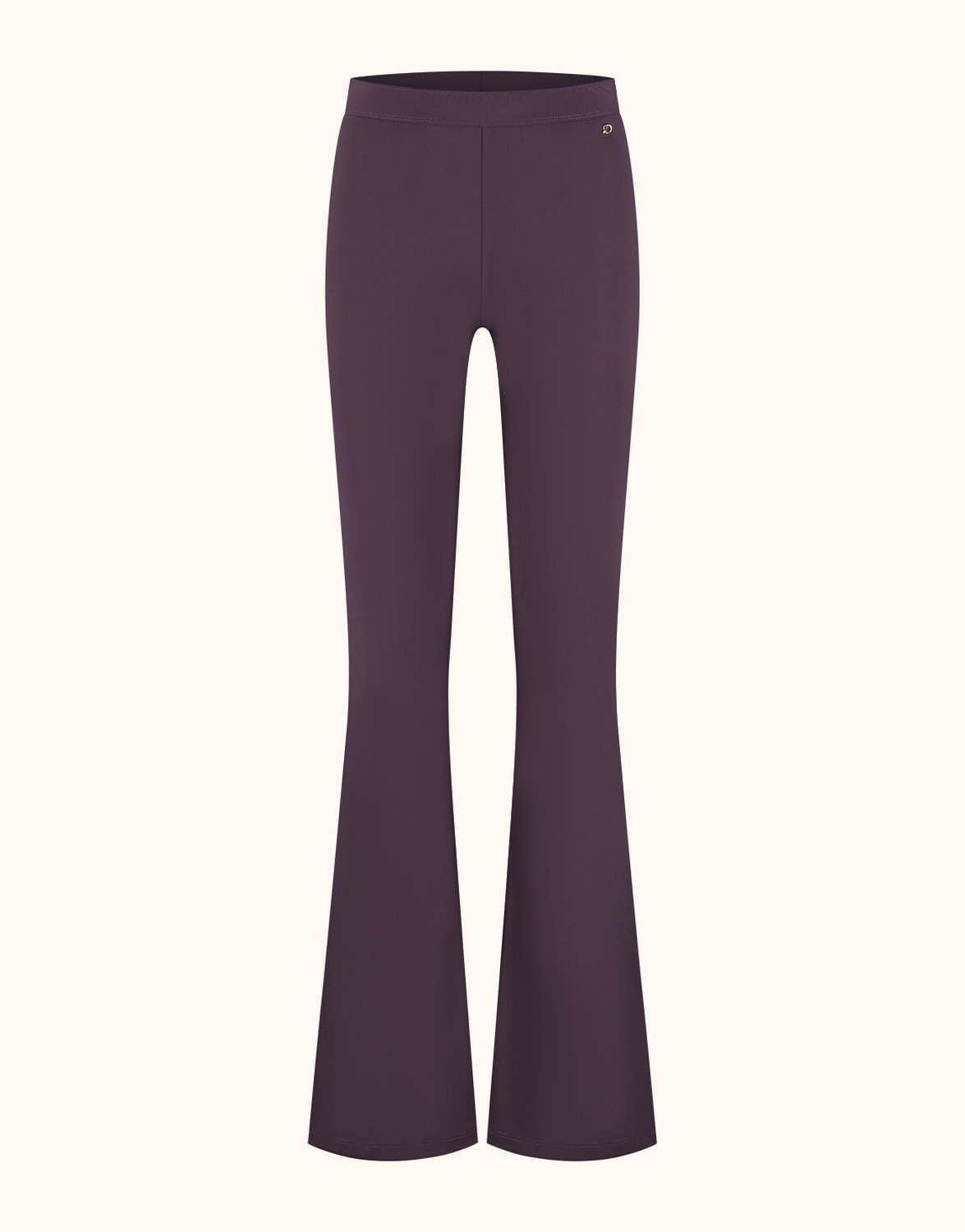 Packshot of the Lima Deep Aubergine trousers in jersey lycra with a high waist.