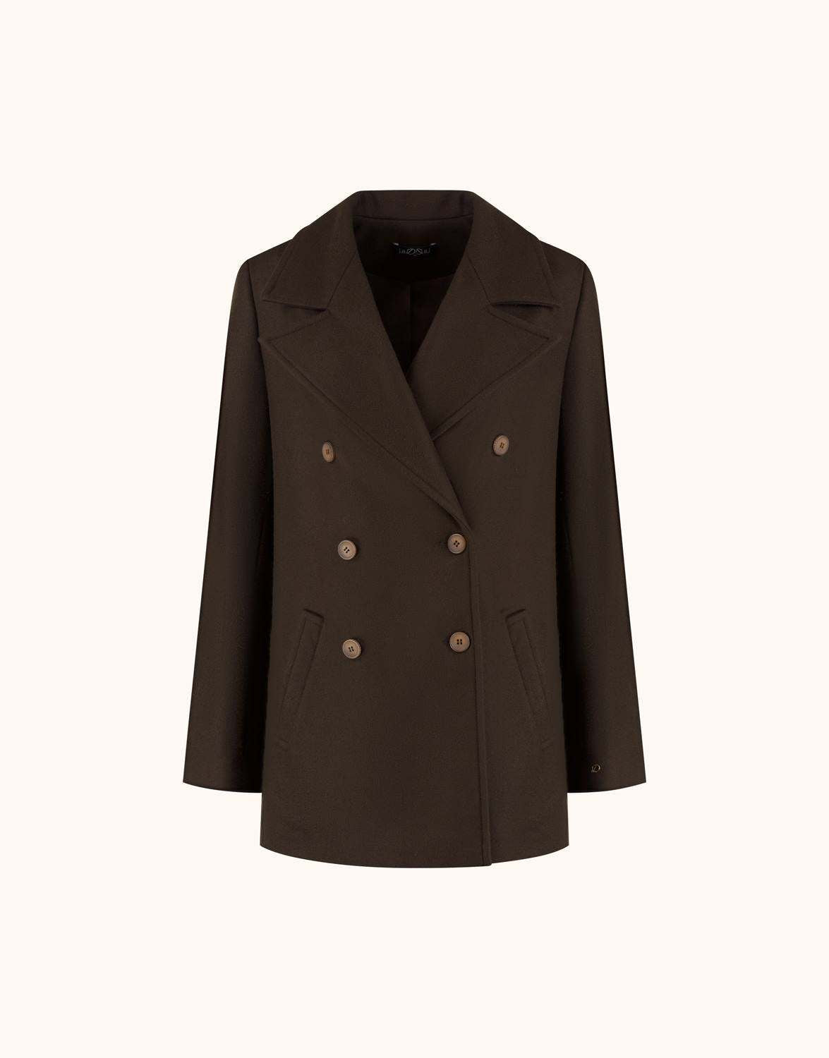 Packshot of the Camille Chocolate coat in wool blend with a double-breasted front.