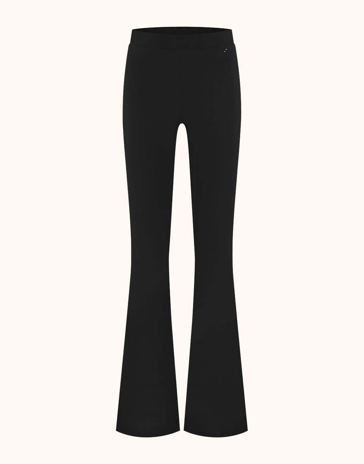 Packshot of the Lima Black trousers in jersey lycra with a high waist and flared leg.