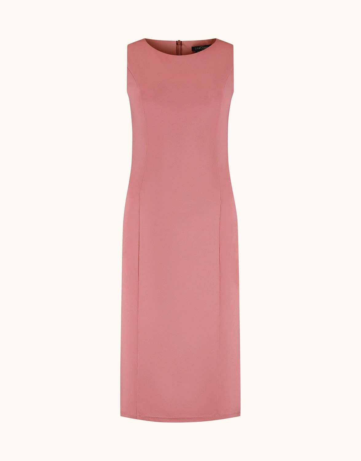 Packshot of the Gloria Dusty Pink dress in jersey lycra, a fitted sleeveless style.
