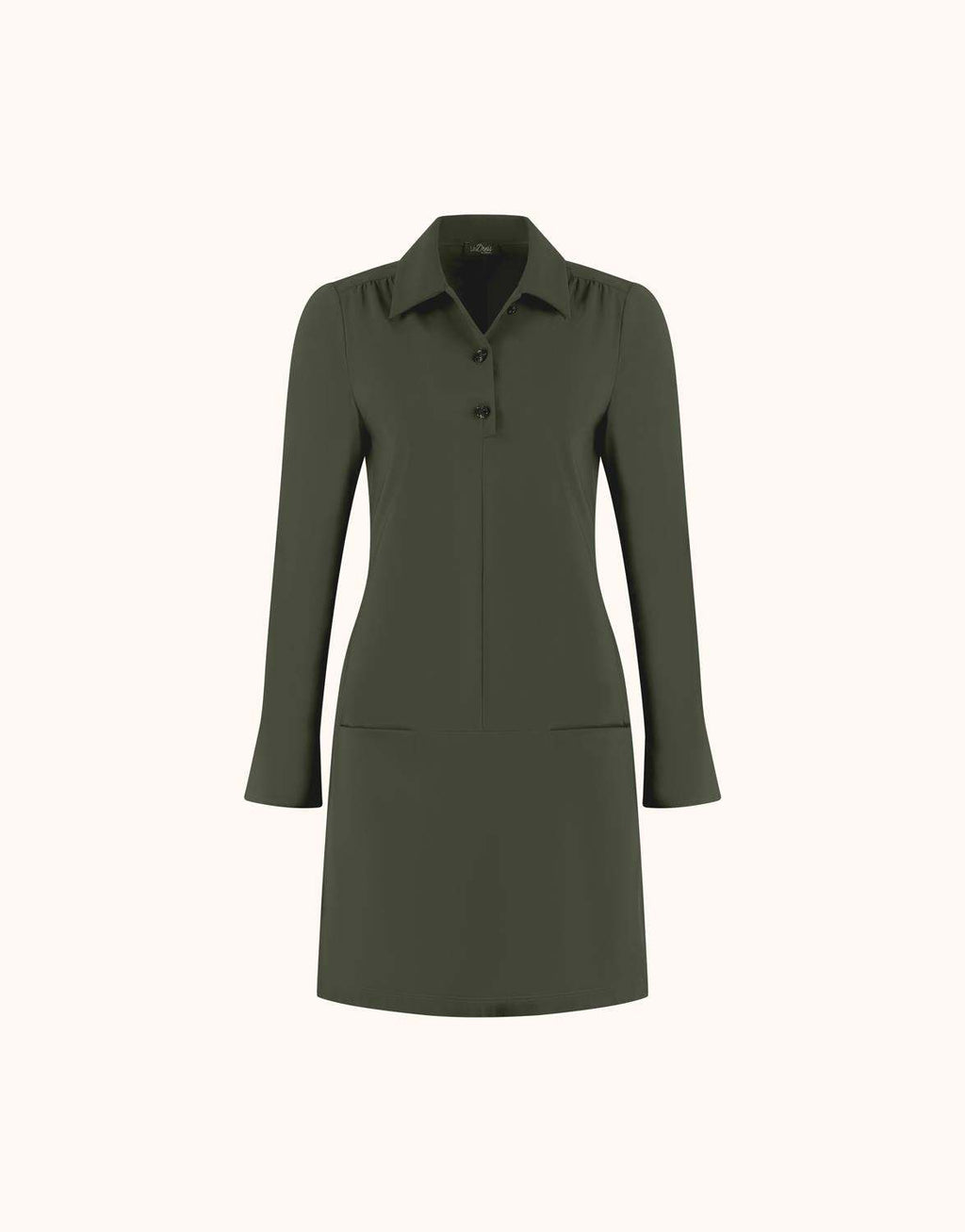 Packshot of the Eleanor Deep Moss tunic in jersey lycra with a collar and button placket.
