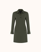 Packshot of the Eleanor Deep Moss tunic in jersey lycra with a collar and button placket.