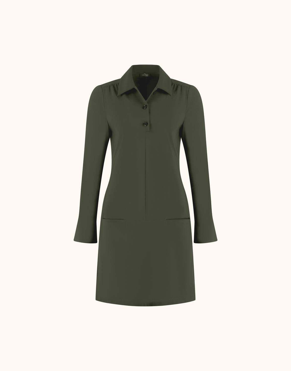 Packshot of the Eleanor Deep Moss tunic in jersey lycra with a collar and button placket.