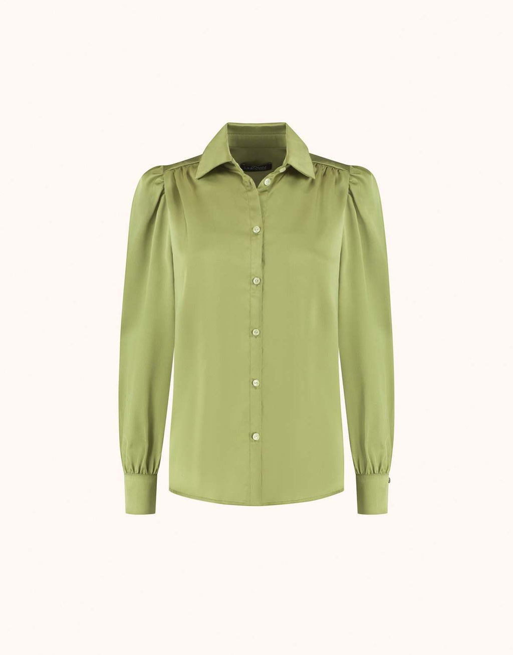 Packshot of the Tilda Lime blouse in satin with a collar and puff sleeves.