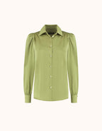 Packshot of the Tilda Lime blouse in satin with a collar and puff sleeves.