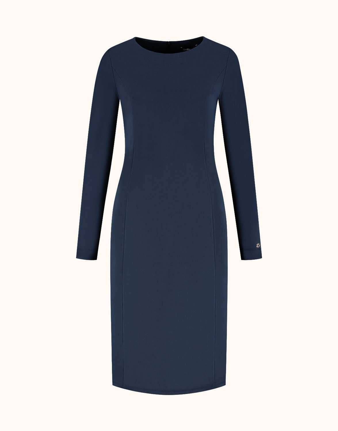Packshot of the Fenna Midnight Blue dress in jersey lycra, a fitted style with long sleeves.