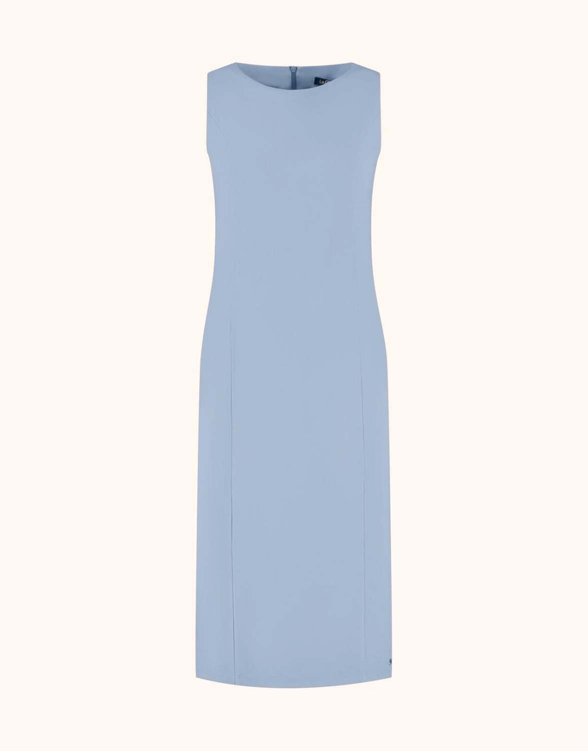 Packshot of the Gloria Sky Blue dress in jersey lycra, a fitted sleeveless style.