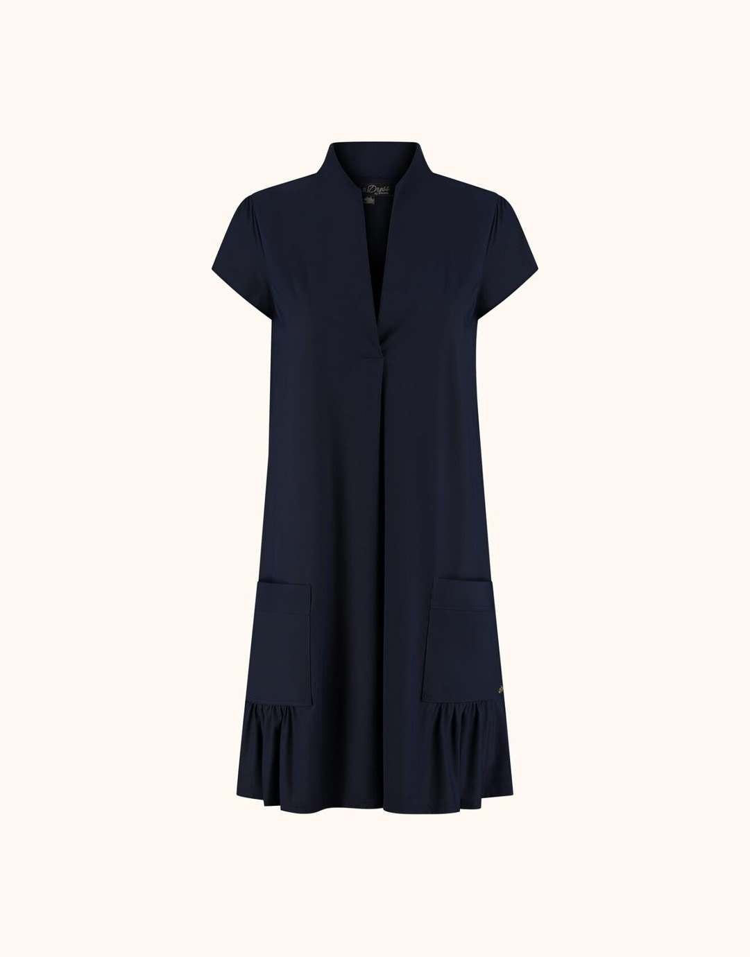 Packshot of the Liana Midnight Blue dress in jersey lycra with a ruffled hem and pockets.