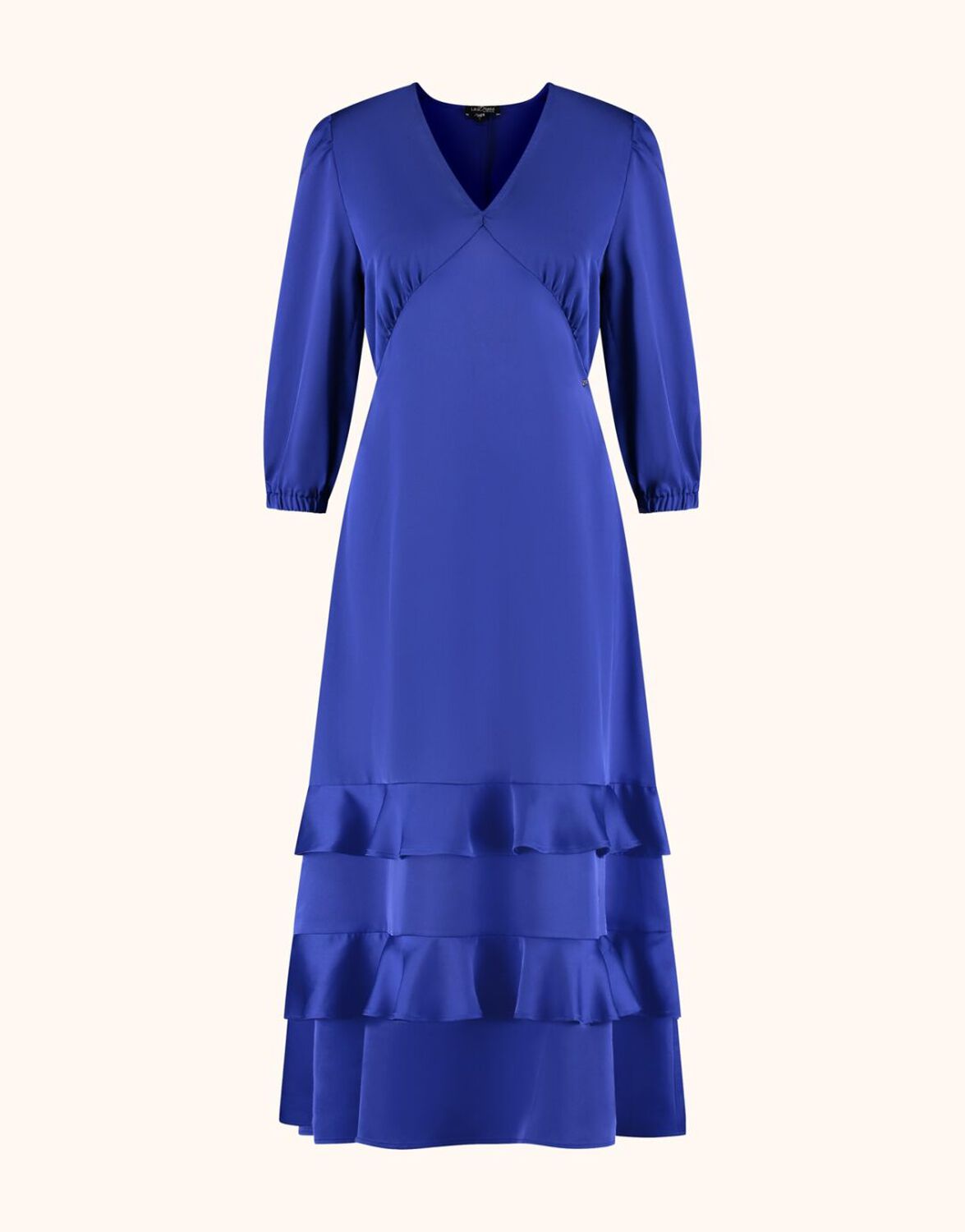 Packshot of the Latitia Royal Cobalt dress in satin with a V-neck and tiered ruffles.