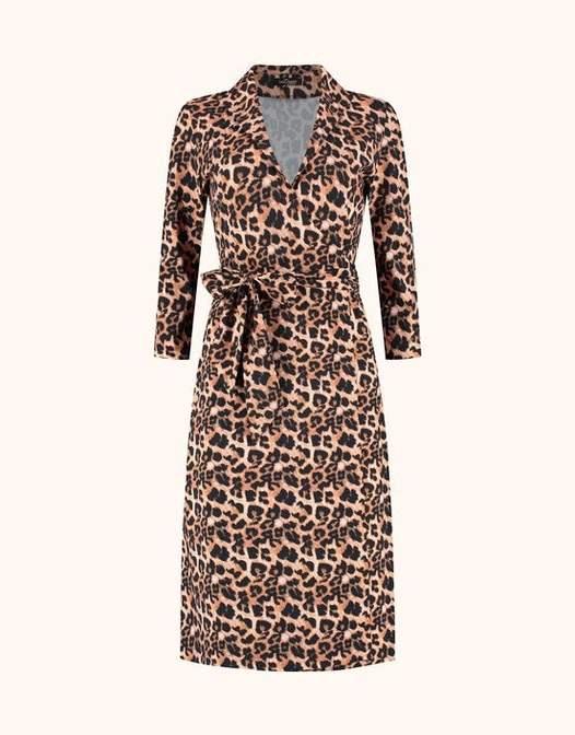 Packshot of the Penelope Animal dress in jersey lycra with a wrap front and tie belt.