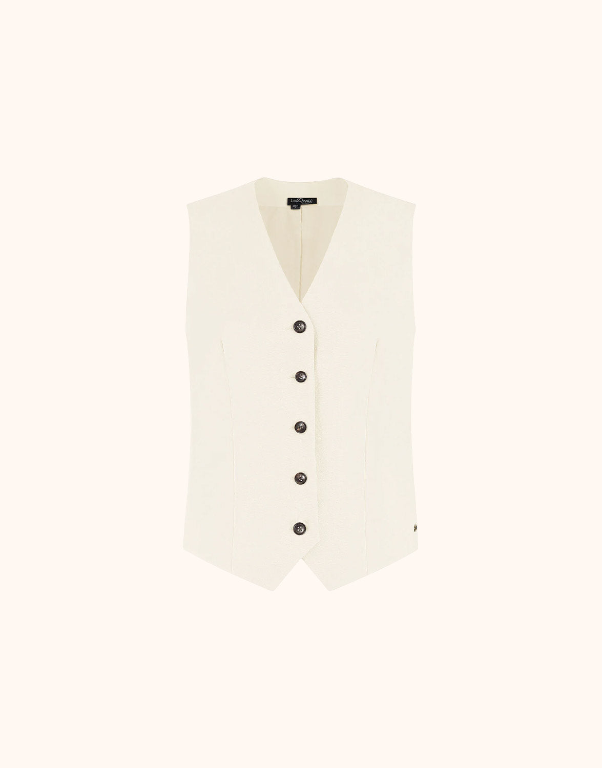 Packshot of the Charlize Ivory waistcoat in crepe satin with a V-neck and dark buttons.