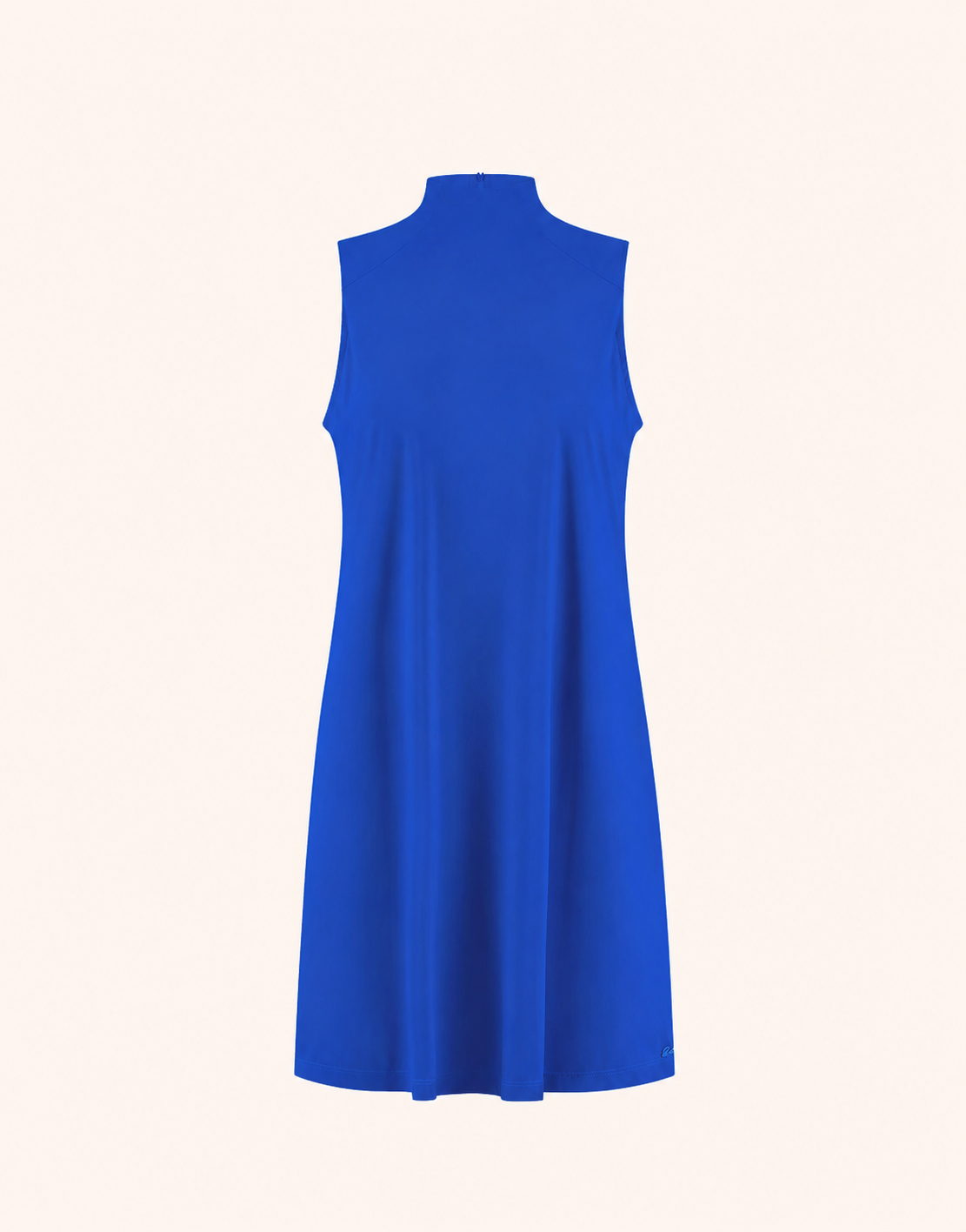 Packshot of the Celeste Marine Blue dress in jersey lycra, sleeveless with an A-line shape.