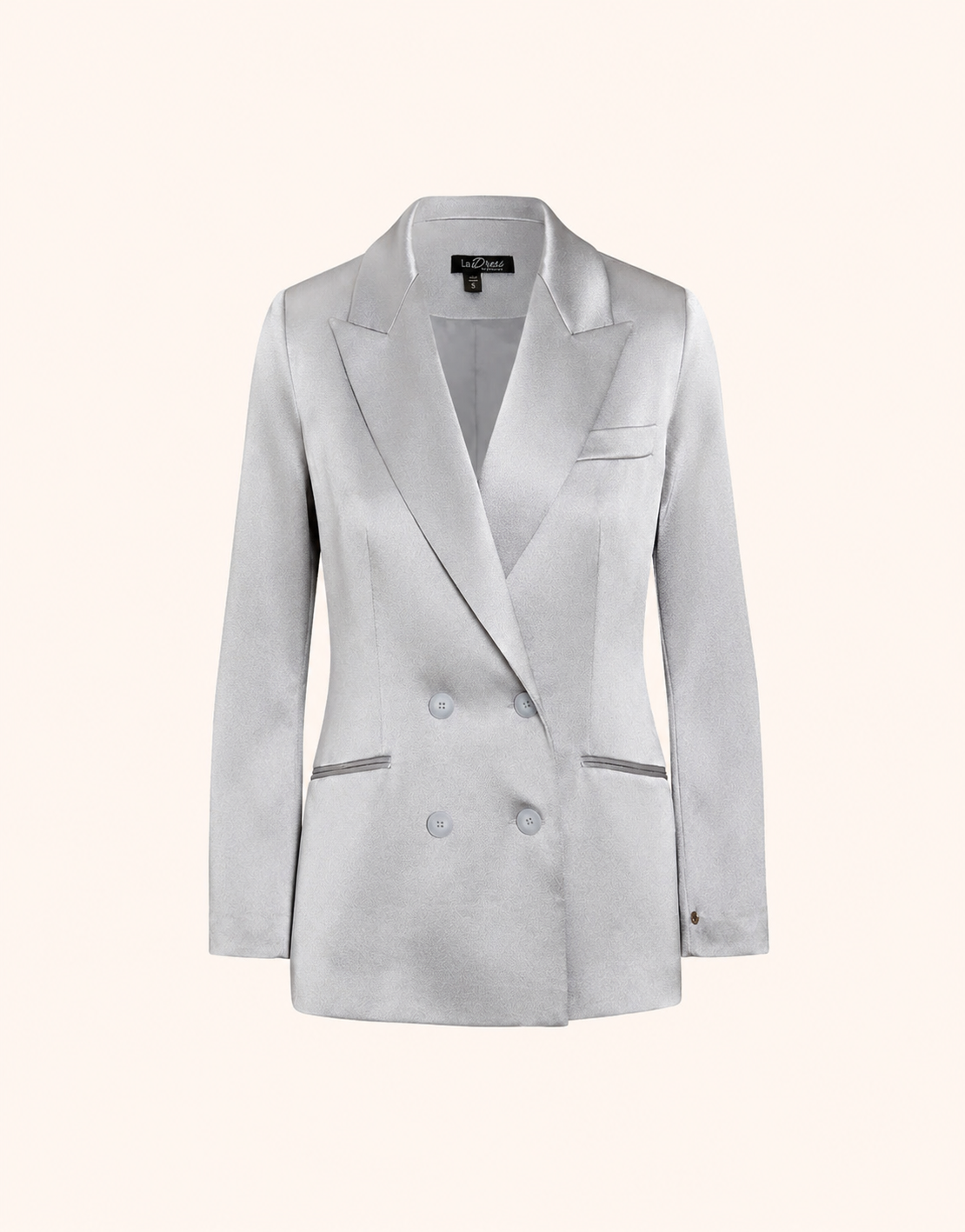 Packshot of the Halle Silver Satin blazer in crepe satin with a double-breasted front.