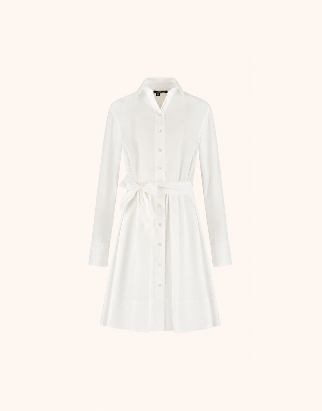 Packshot of the Hedy White dress in cotton stretch poplin with a collar and tie belt.