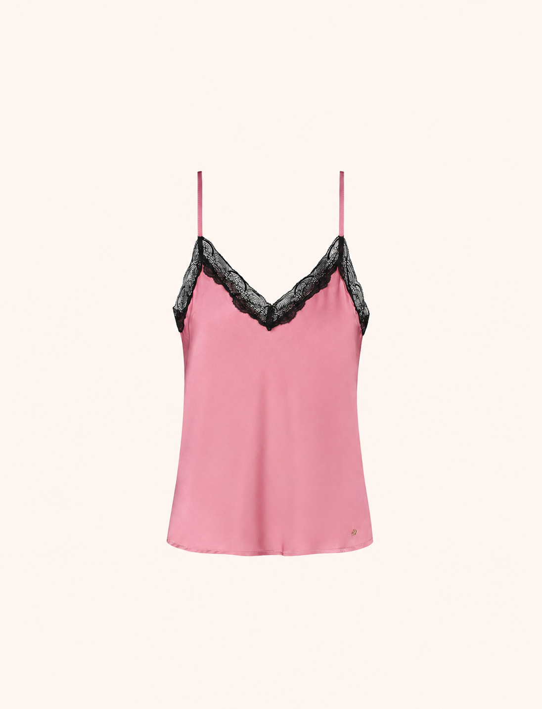 Packshot of the Veronique Dusty Pink top in satin with a V-neck and lace trim.