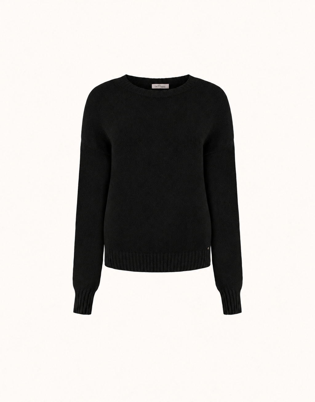 Packshot of the Lucienne Black jumper in viscose knit with a round neck and ribbed cuffs.