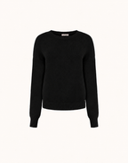 Packshot of the Lucienne Black jumper in viscose knit with a round neck and ribbed cuffs.