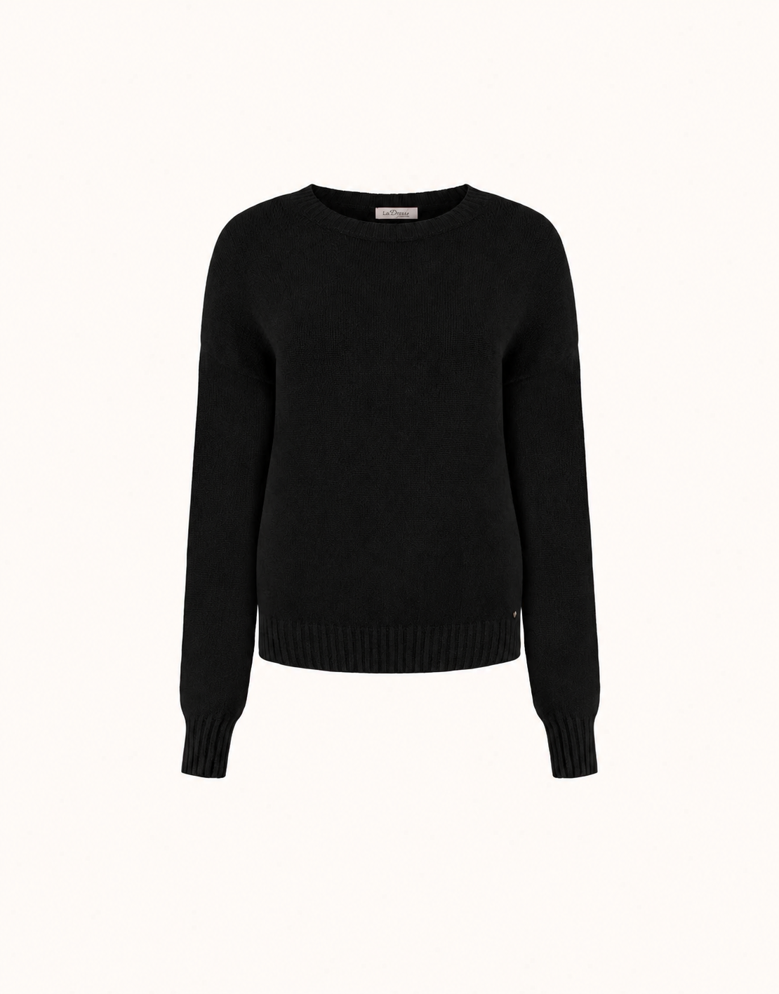 Packshot of the Lucienne Black jumper in viscose knit with a round neck and ribbed cuffs.