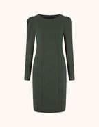 Packshot of the Enya Deep Moss dress in jersey lycra with a round neck and long sleeves.