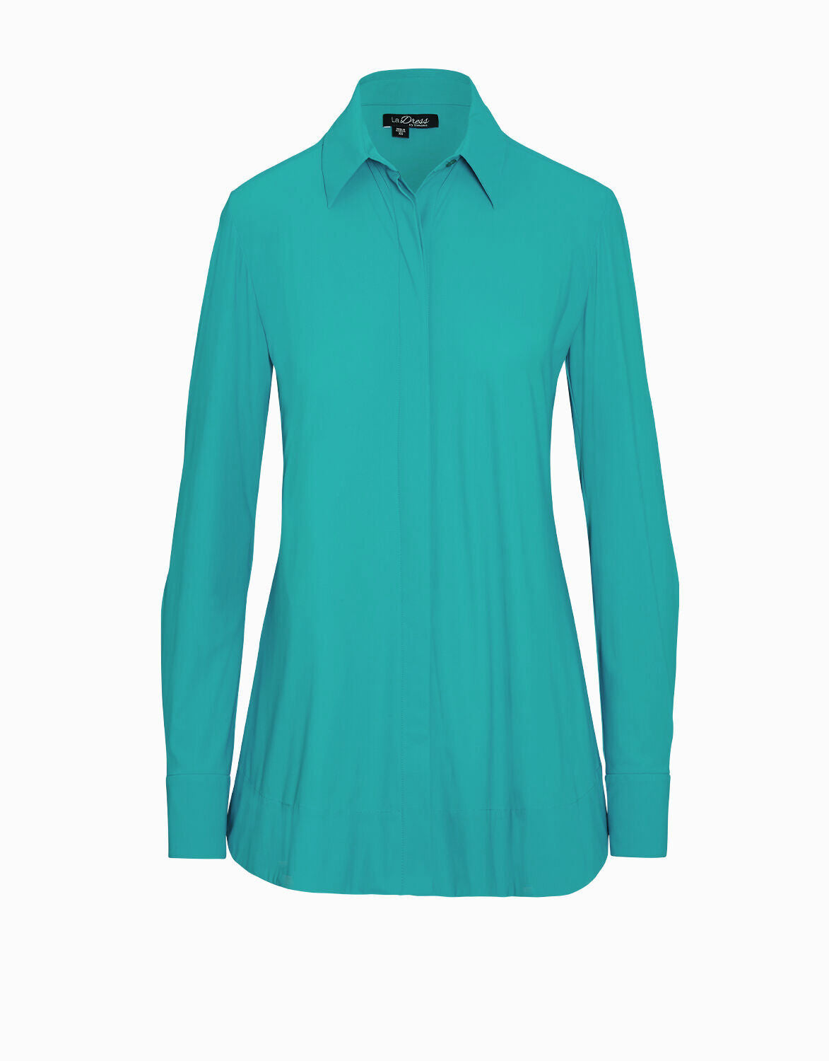 Packshot of the Judi Sea Green blouse in jersey lycra with a collar and long sleeves.