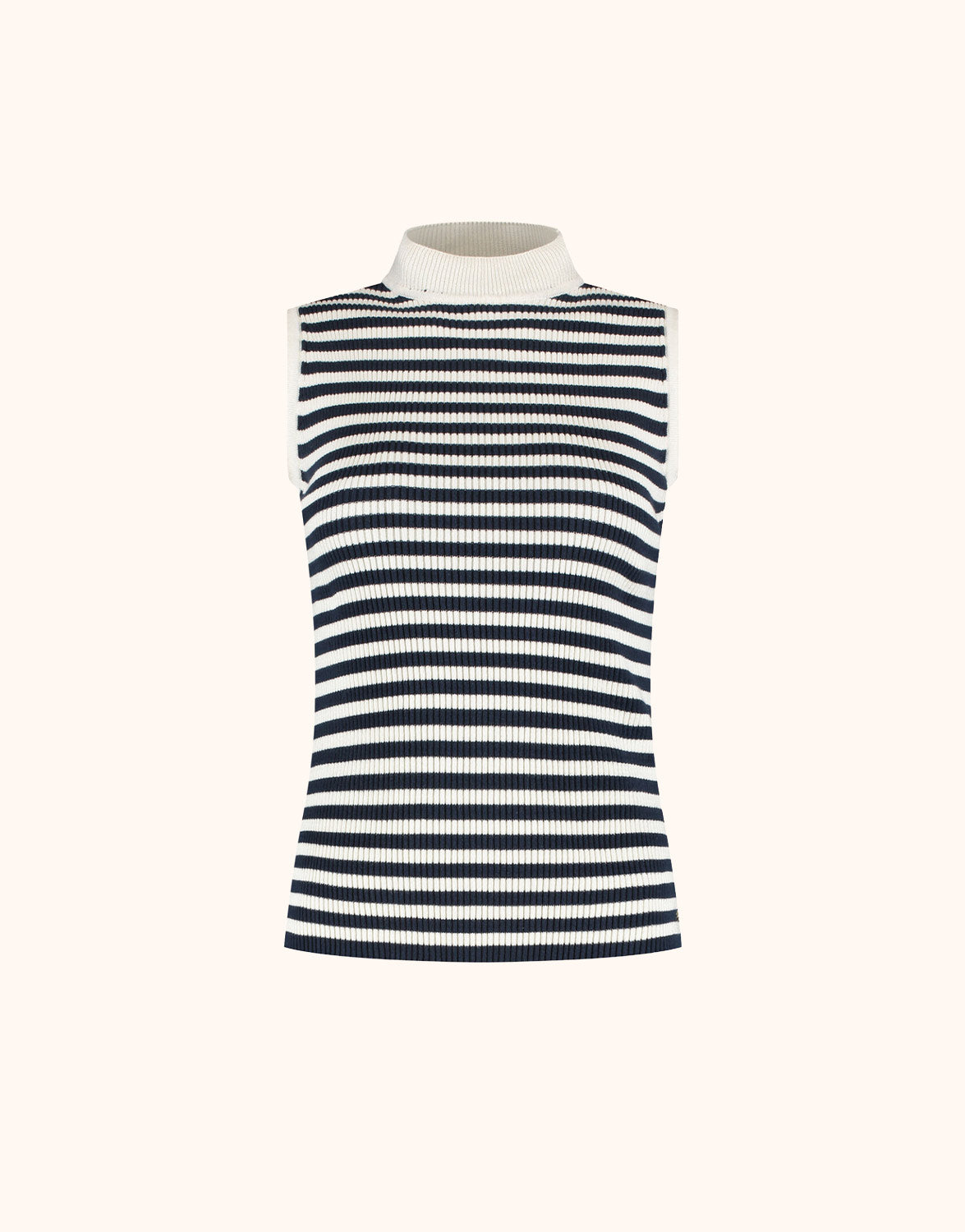 Packshot of the June Stripe jumper in organic certified cotton, sleeveless with a high neck.
