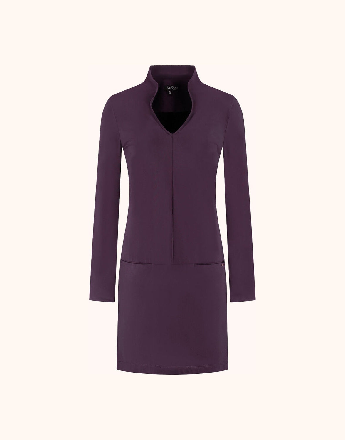 Packshot of the Stella Deep Aubergine tunic in jersey lycra with a stand collar.