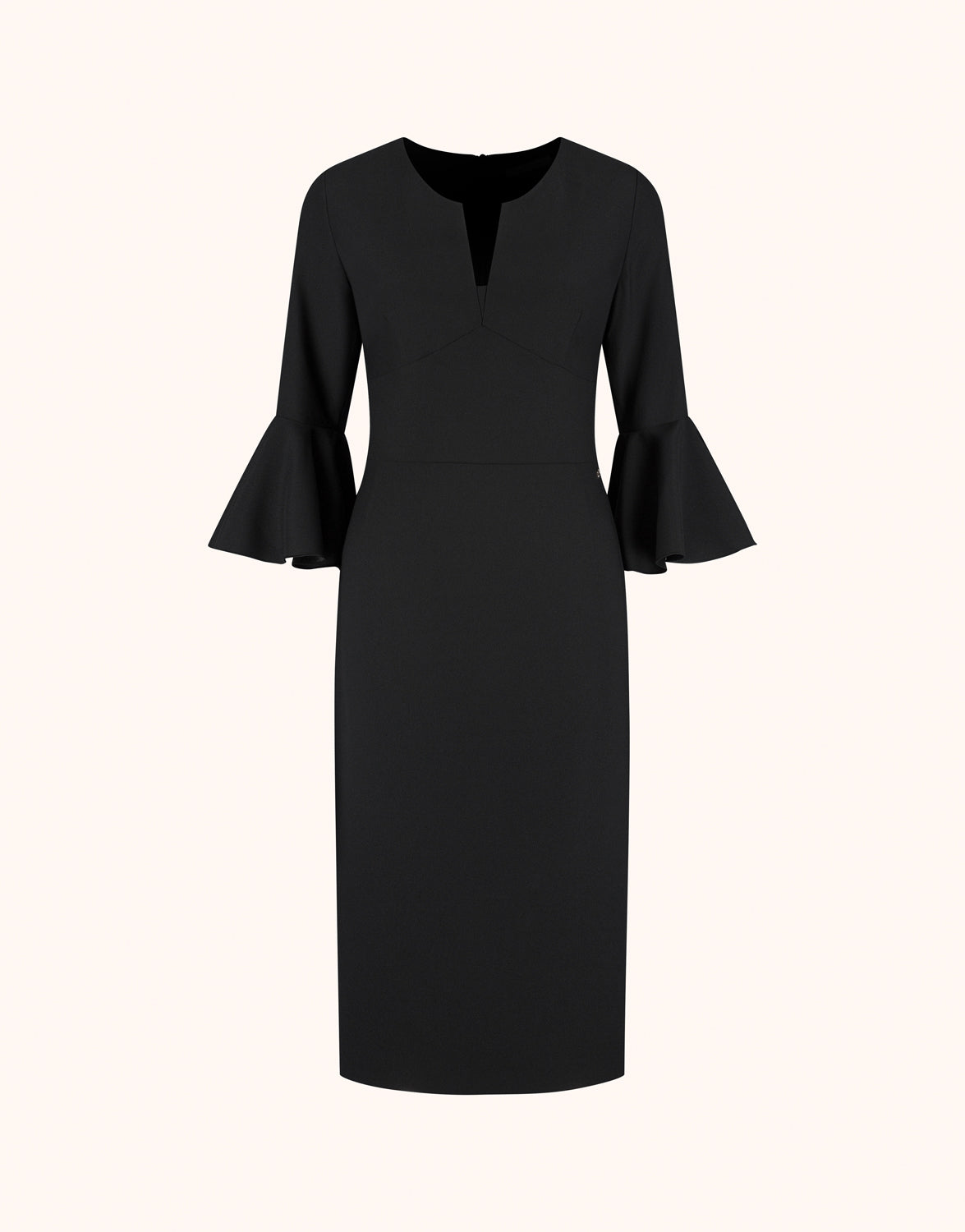 Packshot of the Daphne Black dress in crepe satin with a split neckline and flounce sleeves.
