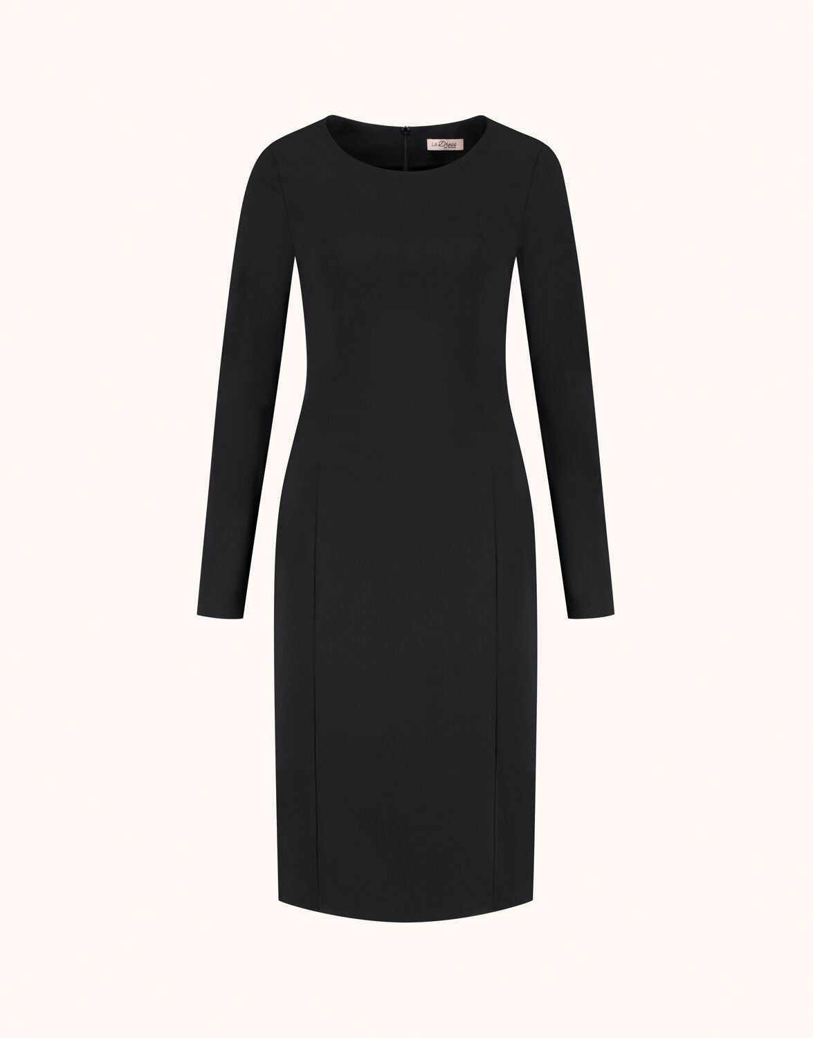 Packshot of the Fenna Black dress in jersey lycra, a fitted style with long sleeves.