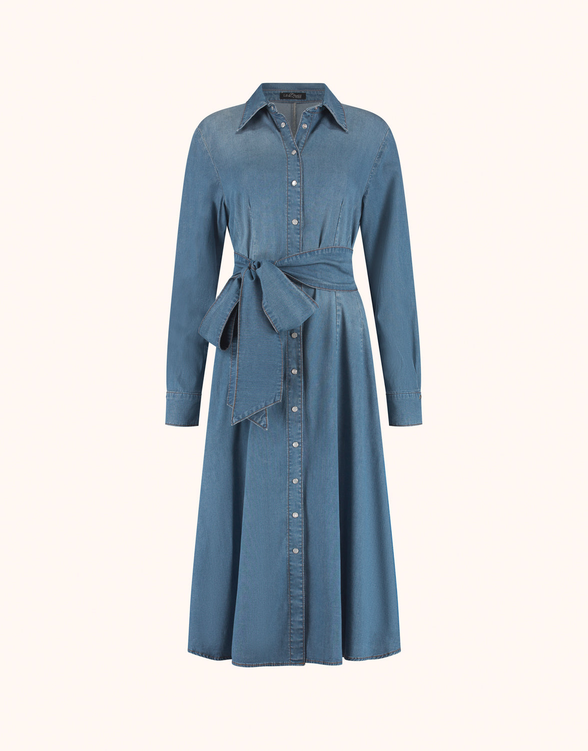 Packshot of the Zarah Blue Indigo dress in stretch lyocell denim with a tie belt.