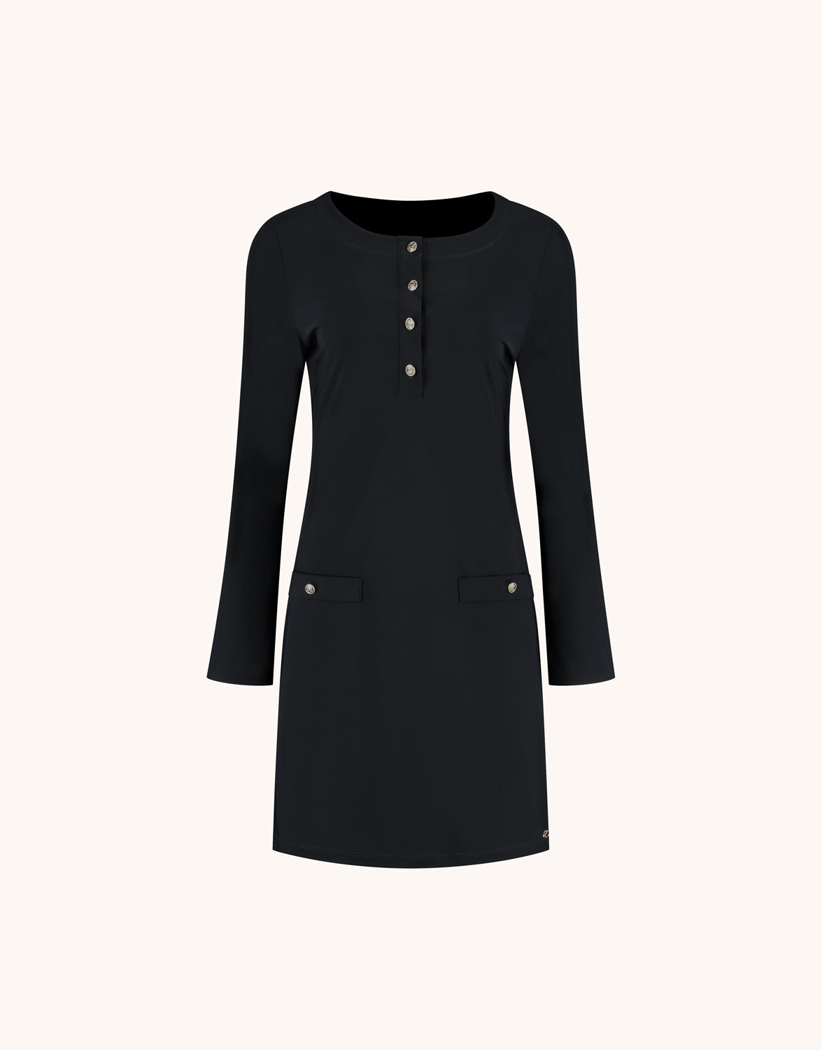 Packshot of the Elsa Black dress in jersey lycra with a button placket and two pockets.